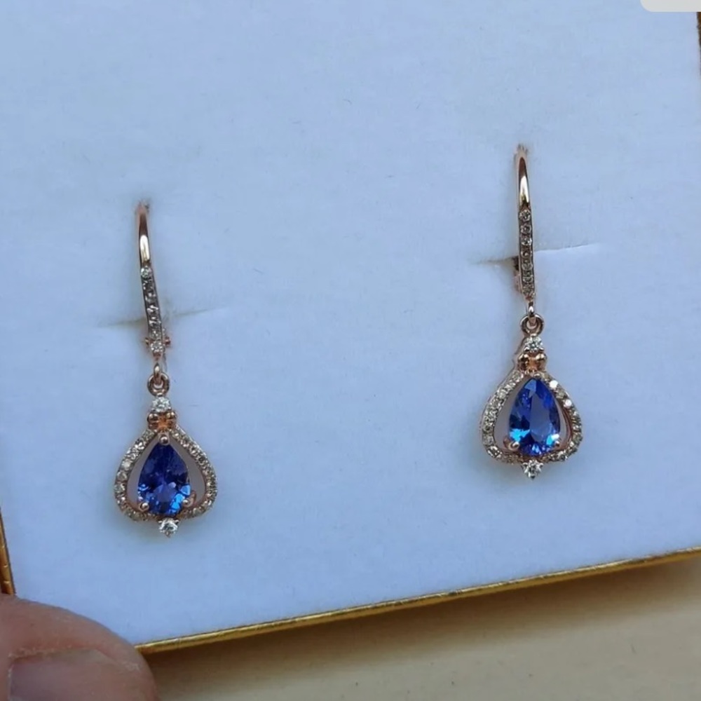 Stunning 14k Rose Gold Tanzanite & Diamond Leverback earrings